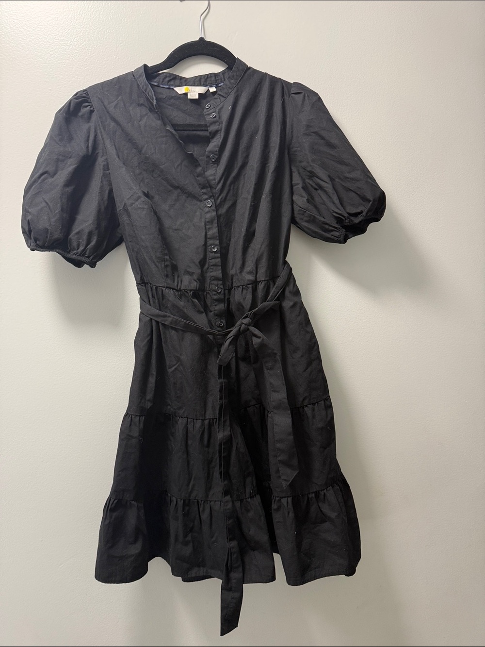 Boden Black Tiered Button-Front Mini Dress with Puff Sleeves